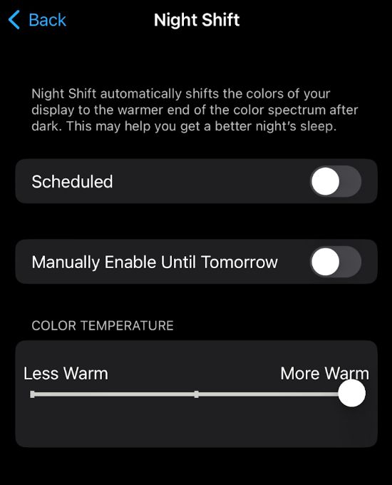 The Night Shift setting on an iPhone.