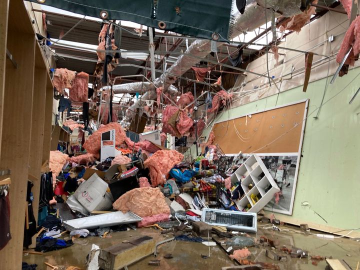 The interior of store is damaged after a severe storm swept through Little Rock, Ark., Friday, March 31, 2023. (AP Photo/Andrew DeMillo)