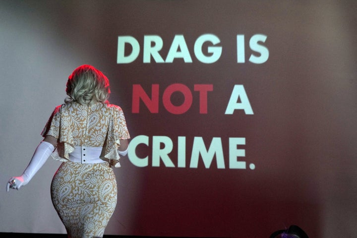 Bella DuBalle entertains spectators watching a drag performance ahead of the implementation of a Tennessee law restricting drag in front of minors that is due to come into force on April 1 at Atomic Rose in Memphis, Tennessee, U.S., March 26, 2023. REUTERS/Karen Pulfer Focht TPX IMAGES OF THE DAY