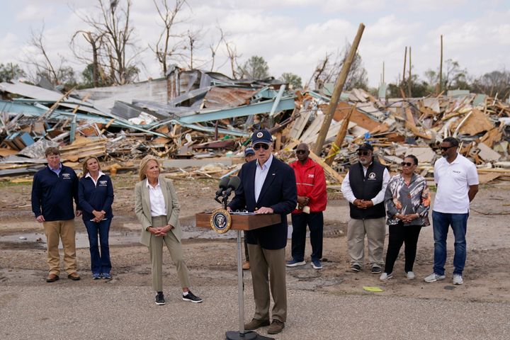 President Joe Biden speaks after surveying the damage in Rolling Fork, Mississippi on Friday.
