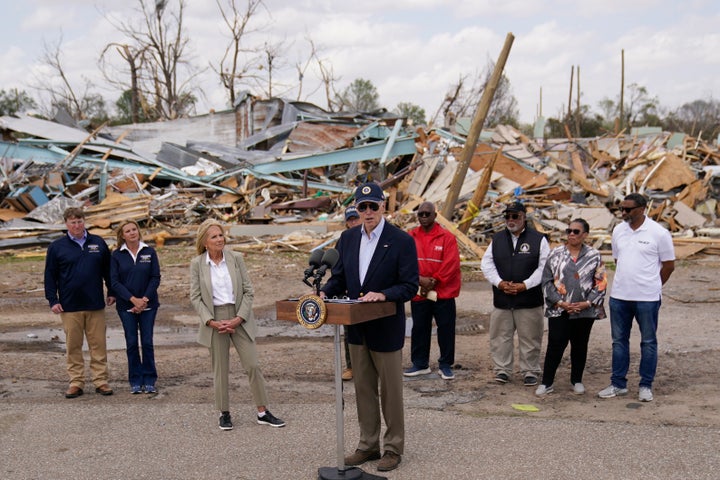 President Joe Biden speaks after surveying the damage in Rolling Fork, Mississippi, on Friday.