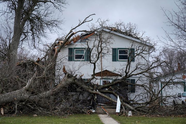 A house is damaged by fallen trees on West Hurlbut Avenue near where the roof of the Apollo Theatre collapsed during a tornado, Saturday, April 1, 2023, in Belvidere, Ill.