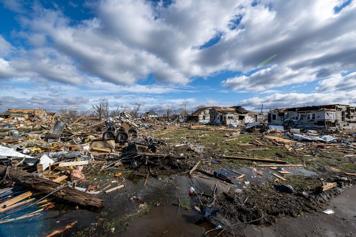 Damage from a late-night tornado is seen in Sullivan, Indiana on Saturday. Multiple deaths were reported in the area following the storm.