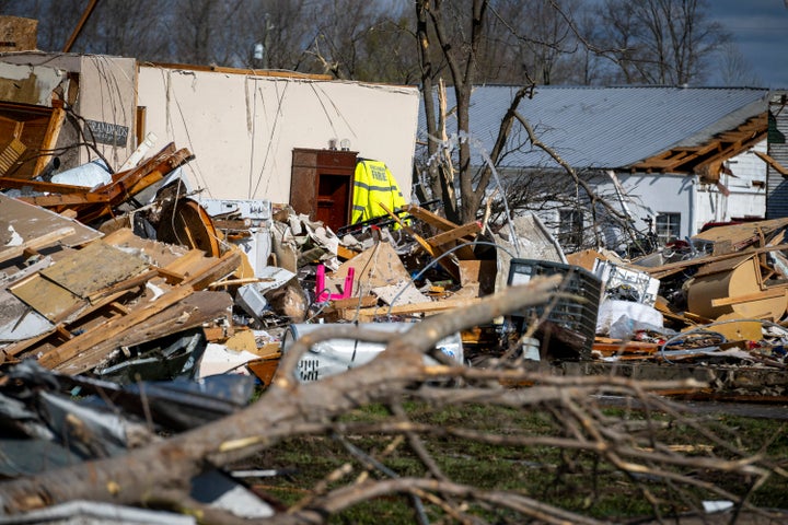 Damage from a late-night tornado is seen in Sullivan, Indiana on Saturday. Multiple deaths were reported in the area following the storm.