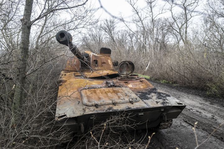 A destroyed tank is seen in Siversk, Ukraine, close to the front line of the war.