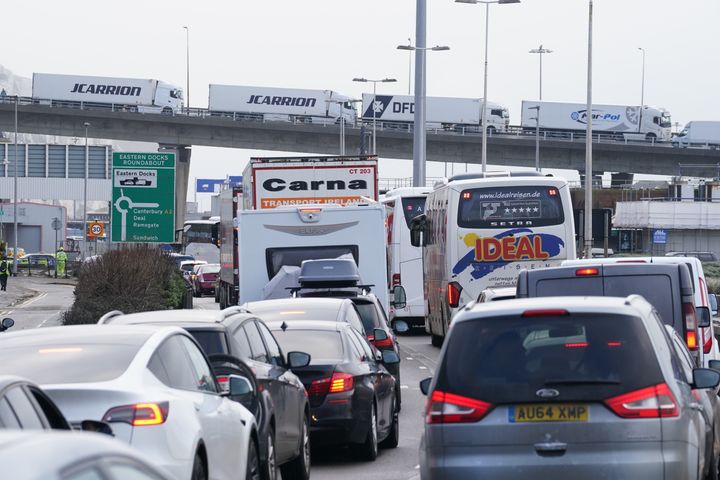 Traffic on the A20 to get to the Port of Dover in Kent as the Easter getaway begins. 