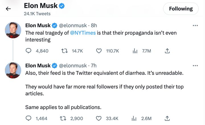 Musk a appelé le New York Times "la propagande" tôt dimanche et a assimilé le fil Twitter du nouveau point de vente à "diarrhée."