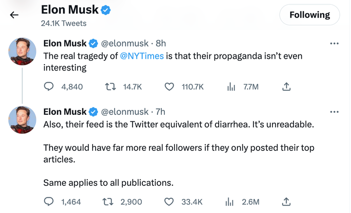 Musk called The New York Times "propaganda" early Sunday and equated the new outlet's Twitter feed to "diarrhea."