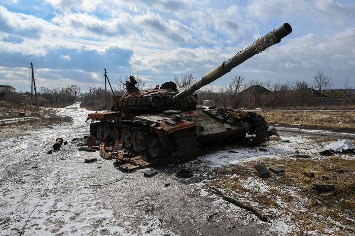 A tank destroyed on the battlefield in Ukraine.