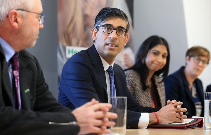 Rishi Sunak and Suella Braverman take part in a meeting of the Grooming Gang Taskforce during a visit to the offices of the NSPCC in Leeds.