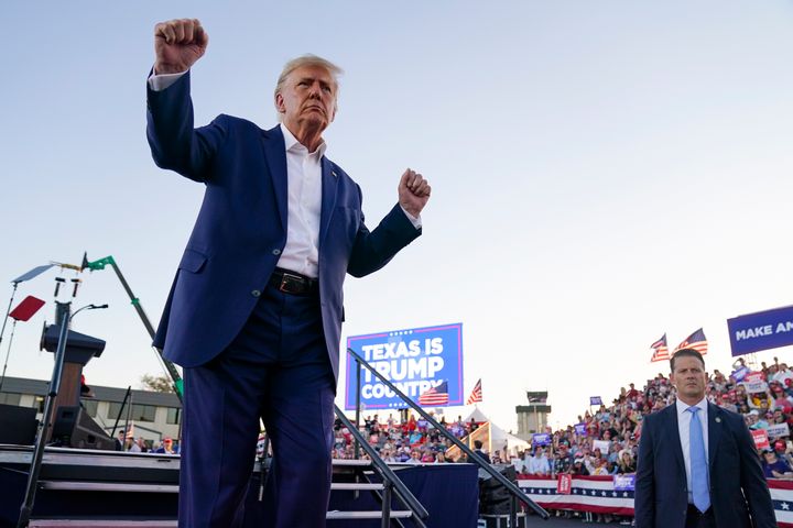 Former president Donald Trump dances during a campaign rally after speaking in Waco, Texas.