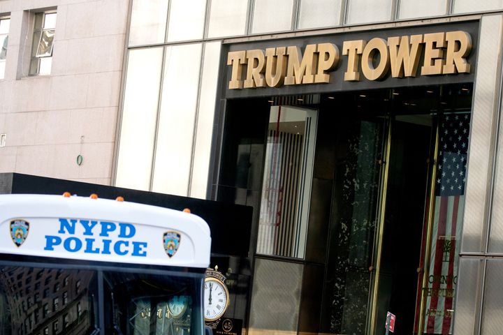 A police bus sits outside of Trump Tower.