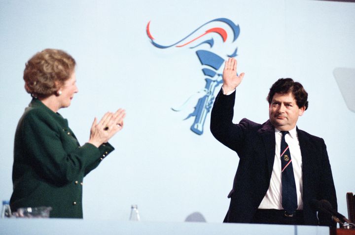 Chancellor of the exchequer Nigel Lawson with prime minister Margaret Thatcher at the Conservative party conference in Blackpool in 1989.