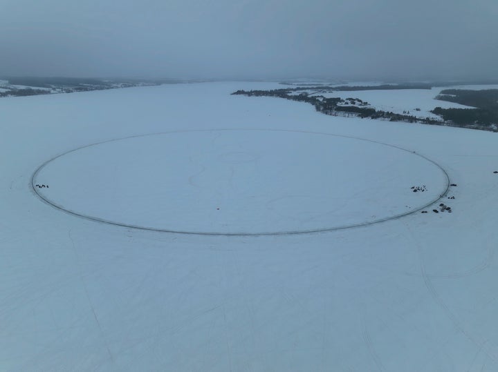 This photo provided by Aroostook UAS shows a giant ice disk that measures 1,776 feet â or 541 metersâ is seen on the day it was set in motion, creating the world's largest ice carousel, on Saturday, April 1, 2023, in Long Lake in Madawaska, Maine. (Aroostook UAS via AP)