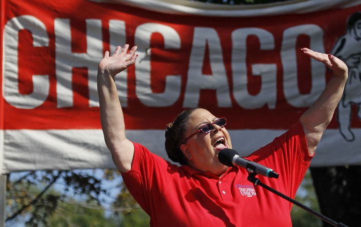 The late Karen Lewis, then president of CTU, addresses supporters during a teachers strike in September 2012. Lewis began the process of transforming the union into a political powerhouse.