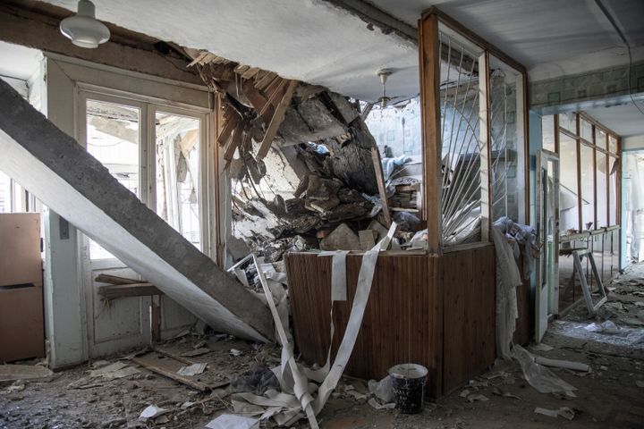 A reception entry is partially destroyed in the local hospital in Siversk, Ukraine.