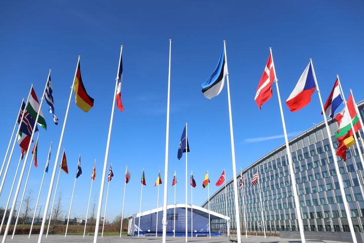 A photo shows the empty mast ahead of a flag-raising ceremony for Finland's accession to NATO, in the Cour d'Honneur of the NATO headquarters in Brussels.