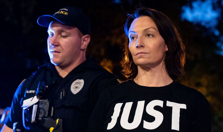 Florida Democratic Chair Nikki Fried is arrested by Tallahassee police outside of City Hall on April 3, 2023.