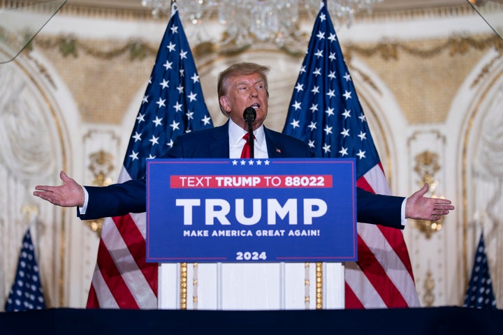 Former President Donald Trump speaks at his Mar-a-Lago estate April 4, 2023, in Palm Beach, Fla., after being arraigned earlier in the day in New York City. 