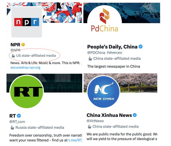 NPR was labeled "state-affiliated media" on Twitter, joining the ranks of Russia's RT and China's Xinhua News Agency and People's Daily.