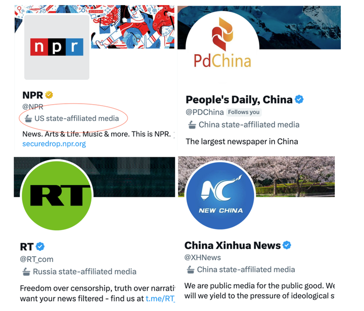 NPR was labeled "state-affiliated media" on Twitter, joining the ranks of Russia's RT and China's Xinhua News Agency and People's Daily.