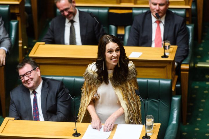 Outgoing New Zealand prime minister Jacinda Ardern gives her valedictory speech in parliament in Wellington.