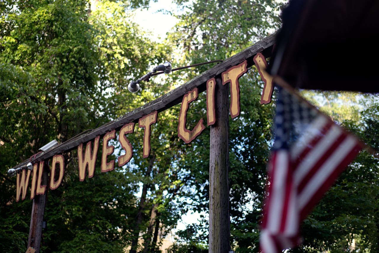An American flag outside the Wild West City front gates in Stanhope, New Jersey.