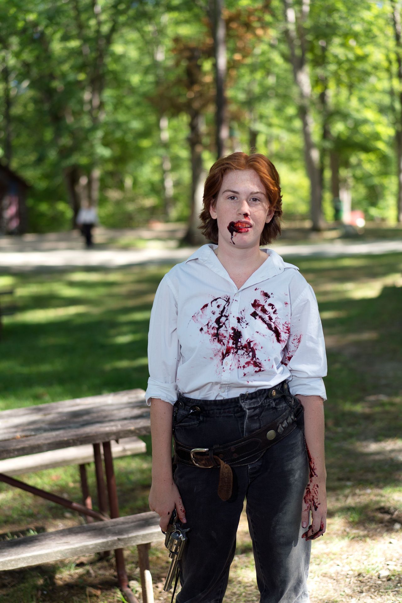 Sarah Hale, a self-described Jersey Girl, who’s been working at Wild West City for three years. She started out in the General Store before being promoted to Cowgirl. Sarah just finished a scene in which she got shot up. “It's fake blood,” she said. “It tastes like cherry cough syrup, almost."