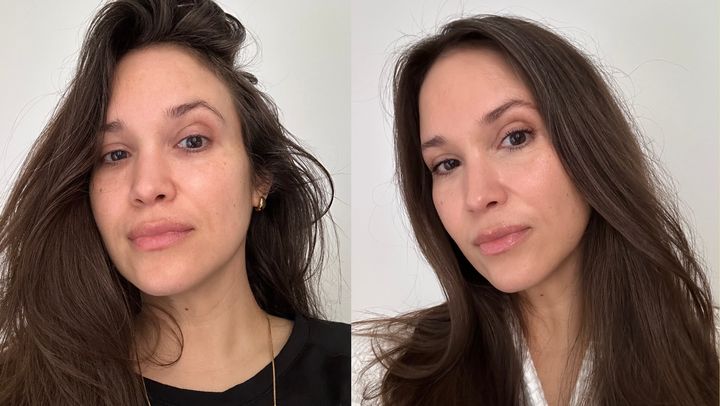 Left to right: The author sans makeup, the author wearing Westman Atelier's Vital Skincare Dewy Foundation Drops.