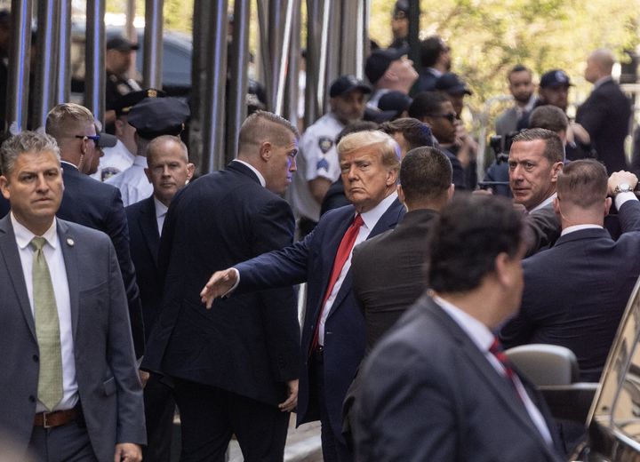 Trump arrives to face a grand jury's indictment in New York criminal court on April 4, 2023.