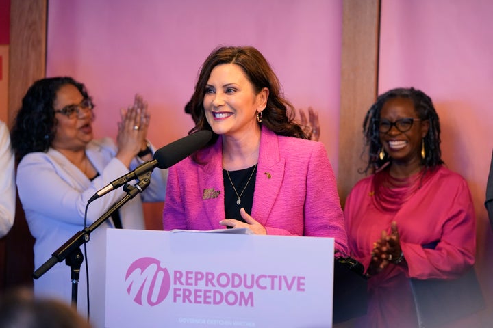 Michigan Gov. Gretchen Whitmer addresses supporters before signing legislation to repeal the 1931 abortion ban statute during a bill signing ceremony on Wednesday, April 5, 2023, in Birmingham, Michigan (AP Photo/Carlos Osorio)