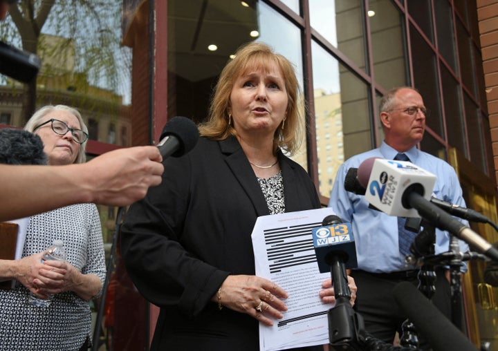 Teresa Lancaster speaks about the release of the redacted report on child sexual abuse in the Catholic Archdiocese of Baltimore by the Maryland Attorney General's Office on Wednesday, April 6, 2023, in Baltimore.
