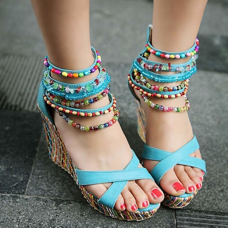 Platform wedges decorated with colorful beads