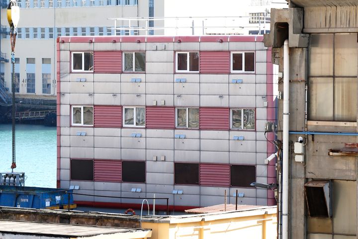 Bibby Stockholm, a barge owned by Bibby Marine Limited, currently docked on April 05, 2023 in Genoa, Italy.