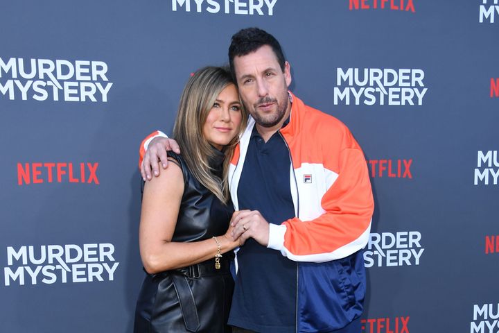 Jennifer Aniston and Adam Sandler arrive at the Los Angeles premiere screening of the Netflix film "Murder Mystery" on June 10, 2019.