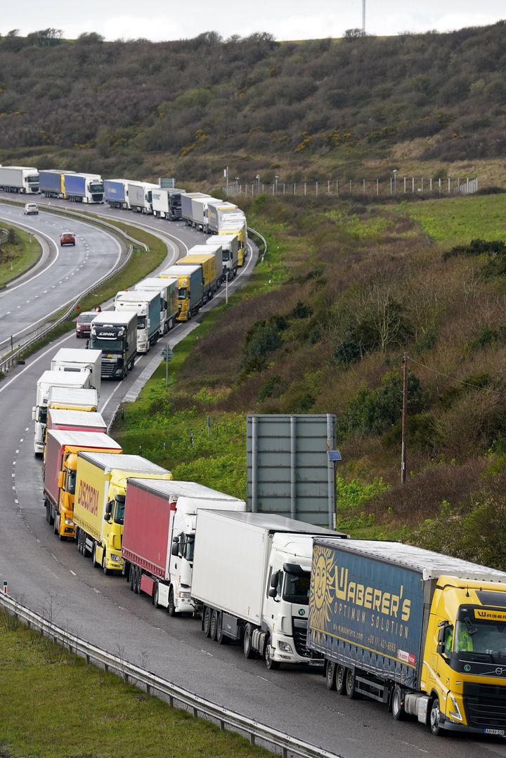 Lorries queue for the Port of Dover along the A20 in Kent as the getaway begins for the Easter weekend.