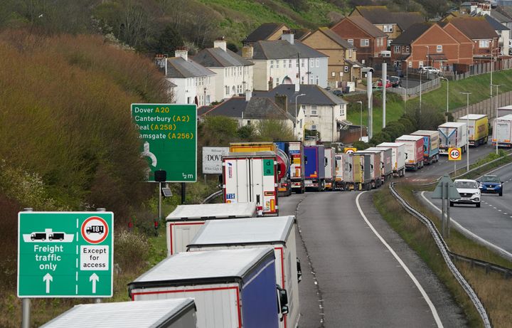 Lorries queue for the Port of Dover along the A20 in Kent as the getaway begins for the Easter weekend.