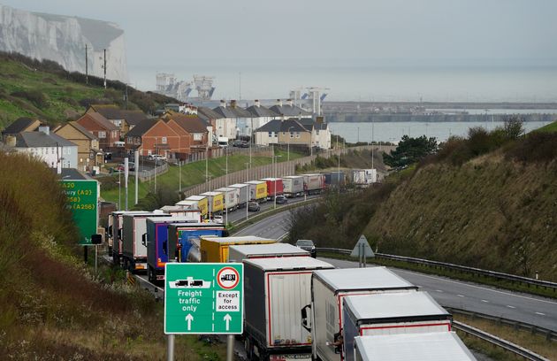 Lorries queue for the Port of Dover along the A20 in Kent as the getaway begins for the Easter weekend.