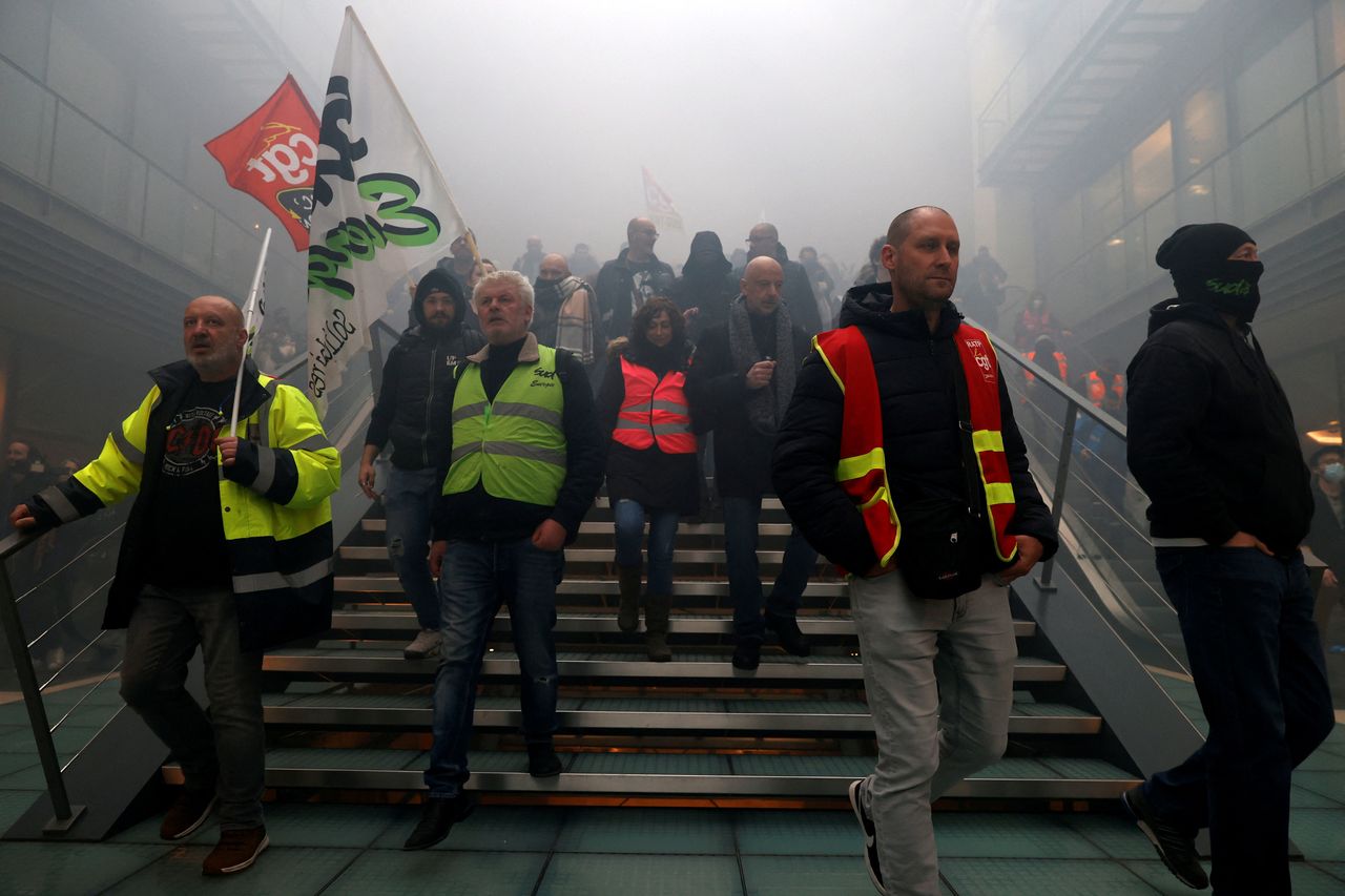 Railway workers demonstrate against BlackRock amid nationwide strikes against the French government's pension reform plan.