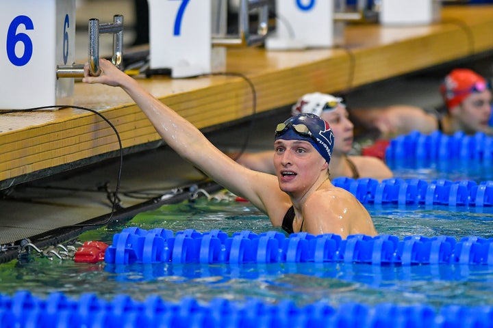 ATLANTA, GA - MARCH 19: University of Pennsylvania swimmer Lia Thomas reacts after swimming the 100 Freestyle prelims at the NCAA Swimming and Diving Championships on March 19th, 2022 at the McAuley Aquatic Center in Atlanta, Georgia. (Photo by Rich von Biberstein/Icon Sportswire via Getty Images)