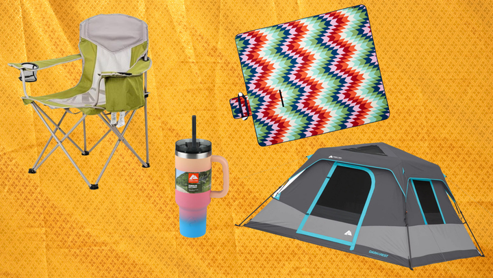 A camping chair, drinking tumbler, outdoor blanket and tent from Ozark Trail.