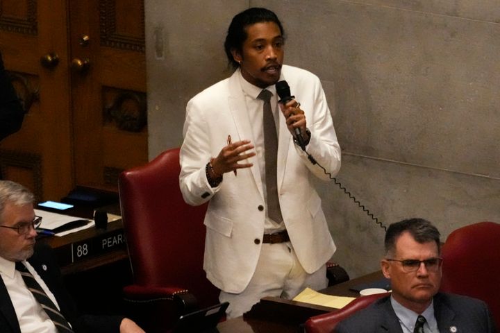 State Rep. Justin Jones (D-Nashville) delivers remarks Thursday on the floor of the state House in Nashville. Tennessee Republicans voted to oust Jones and state Rep. Justin Pearson (D-Memphis) for their role in a demonstration calling for gun control legislation following a mass shooting at a Nashville school.