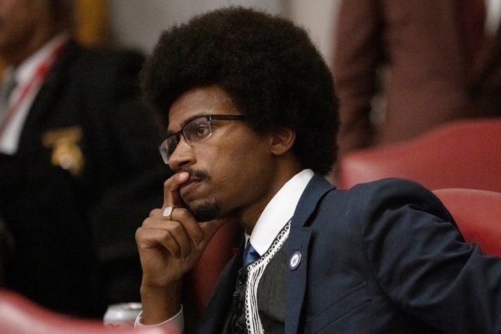 State Rep. Justin Pearson (D-Memphis) listens to remarks Thursday on the floor of the House chamber in Nashville. Republicans voted to expel him for his support of a demonstration by gun control advocates.