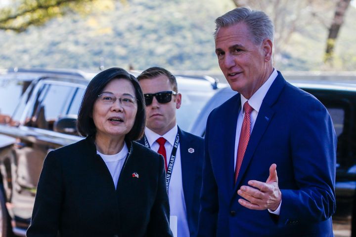 House Speaker Kevin McCarthy (R-Calif.), right, welcomes Taiwanese President Tsai Ing-wen (left) as she arrives at the Ronald Reagan Presidential Library in Simi Valley, California on Wednesday.