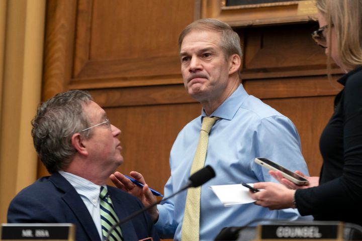 Rep. Jim Jordan (R-Ohio) talks to Rep. Thomas Massie (R-Ky.) during a House Judiciary subcommittee hearing on March 9. he Manhattan D.A.’s office has accused Jordan’s House Judiciary Committee of overstepping its legal authority and infringing on New York state sovereignty.