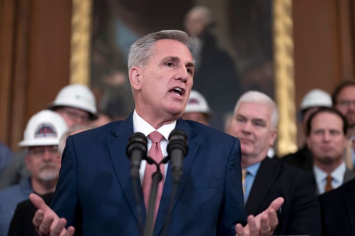 House Speaker Kevin McCarthy (R-Calif.), pictured here at a Capitol Hill press conference March 30, had put a high priority on passing a budget resolution earlier in the year.
