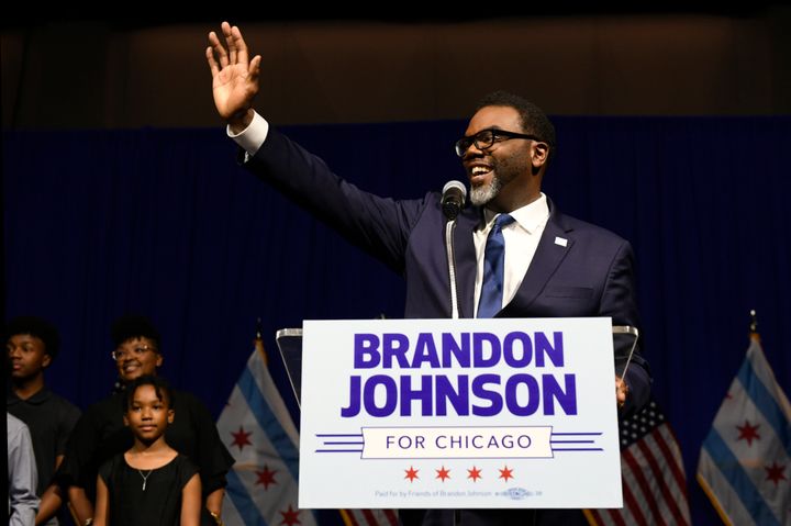 Chicago Mayor-elect Brandon Johnson celebrates with supporters after defeating Paul Vallas late Tuesday in Chicago.