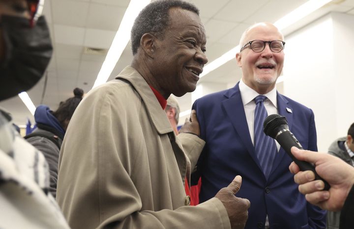 Mayoral candidates Willie Wilson (left) and Vallas talk before filing petition signatures on Nov. 21, 2022. Wilson’s endorsement of Vallas in the runoff was one of several that failed to deliver a significant number of votes for Vallas.