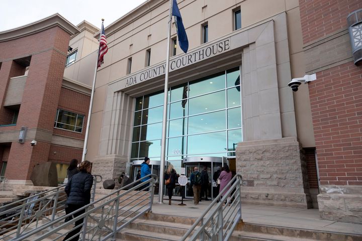 Media gather outside the Ada County courthouse in Boise, Idaho, on the first day of jury selection in the Lori Vallow Daybell murder trial on April 3, 2023.