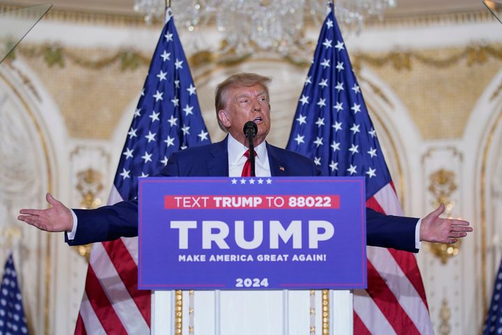 Former President Donald Trump speaks at his Mar-a-Lago estate on April 4, 2023, in Palm Beach, Fla., after being arraigned earlier in the day in New York City. After his initial court appearance in the New York case, the first of several in which he is in legal jeopardy, Trump ticked through the varied investigations he was facing and branded them as "massive" attempts to interfere with the 2024 election. (AP Photo/Evan Vucci, File)